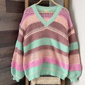 POL Pink, Brown, and Mint V-Neck Sweater